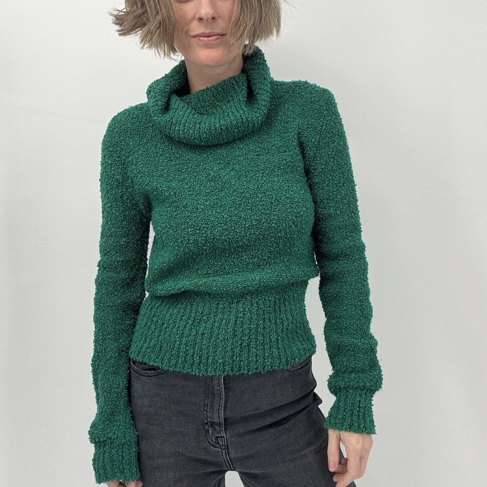 Vintage Tomboy Sweater Womens M* Green Bouclé Knit Cowl Turtleneck Retro Fuzzy